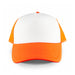 White Front 5 Panel Trucker Mesh Cap - A five-panel trucker cap featuring a white front and orange mesh sides and brim, complete with a logo.