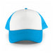 White Front 5 Panel Trucker Mesh Cap - A white front 5 panel trucker mesh cap with blue sides and brim. It features a logo on the front.