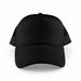 Classic 5 Panel Trucker Mesh Cap - A black 5 panel trucker mesh cap with a solid front and mesh side panels, featuring a logo.