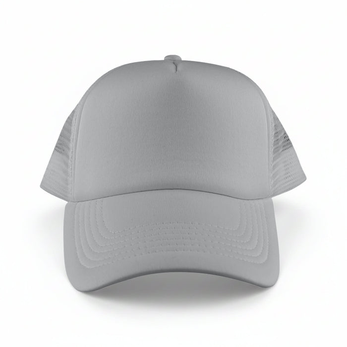Classic 5 Panel Trucker Mesh Cap - A grey Classic 5 Panel Trucker Mesh Cap with a solid front and mesh side panels, featuring a logo.
