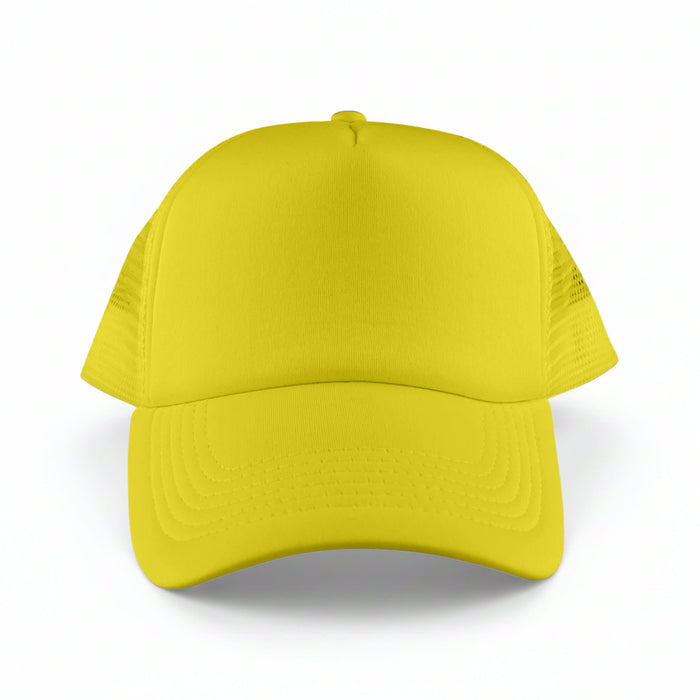 Classic 5 Panel Trucker Mesh Cap - A bright yellow Classic 5 Panel Trucker Mesh Cap with a solid front panel and mesh sides. Features a logo.