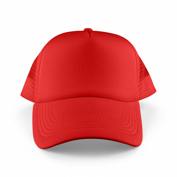 Classic 5 Panel Trucker Mesh Cap - A red Classic 5 Panel Trucker Mesh Cap with a solid front and mesh sides, featuring a logo.