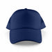 Classic 5 Panel Trucker Mesh Cap - A navy blue Classic 5 Panel Trucker Mesh Cap with a solid front and mesh sides, featuring a branding logo.