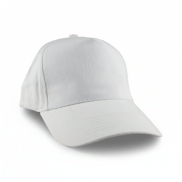 Flexi Cap - A white Flexi Cap with a structured design and a curved brim, featuring a logo on the side.