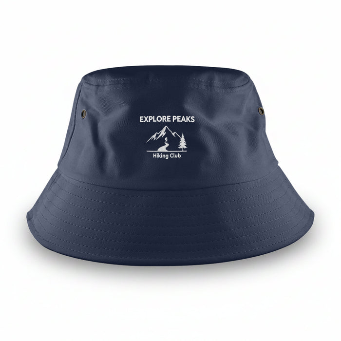 Long Beach Bucket Hat – Large - A navy blue bucket hat with a logo featuring mountains and the text "EXPLORE PEAKS Hiking Club."