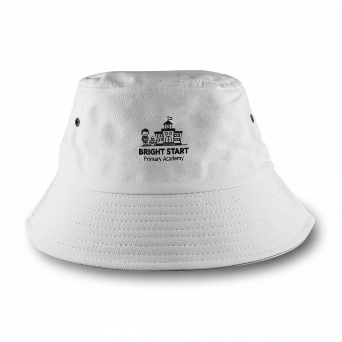 Long Beach Bucket Hat – Small - A white bucket hat featuring a logo and a wide brim, designed for outdoor wear.