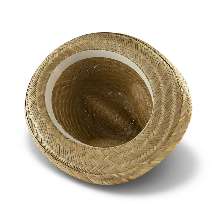 Panama Straw Hat - A Panama straw hat crafted from light brown straw, featuring a wide brim and a textured woven design.
