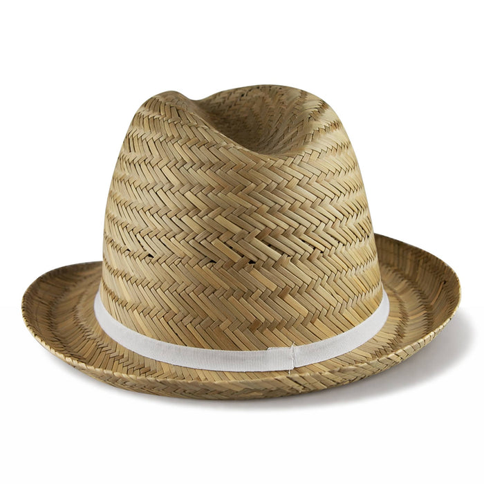 Panama Straw Hat - A Panama straw hat in a natural tan colour with a white band around the base. It features a classic, woven design.
