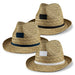 Panama Straw Hat - A set of three Panama straw hats in natural straw colour, featuring black, navy, and white bands. Each hat has a logo.