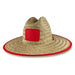 Beach Straw Hat - A straw hat with a wide brim, featuring a red trim and a square patch on the crown.
