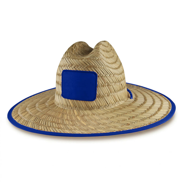 Beach Straw Hat - A straw beach hat with a wide brim and a blue trim, featuring a blank blue patch on the front.
