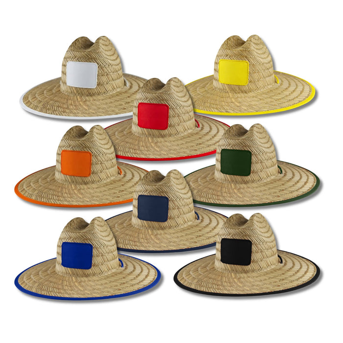 Beach Straw Hat - A collection of straw beach hats in various colours, each with a square area for branding.