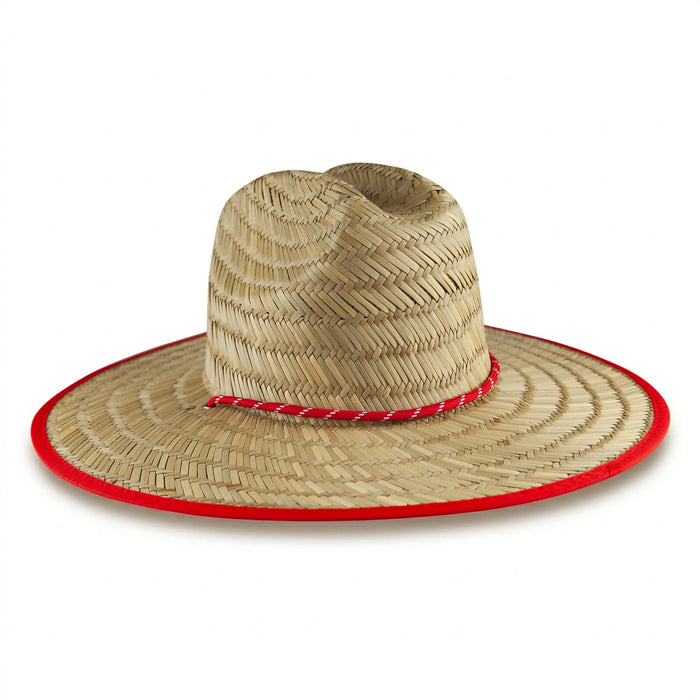 Beach Straw Hat - A large straw hat with a wide brim and a red trim around the edge, featuring a braided band.