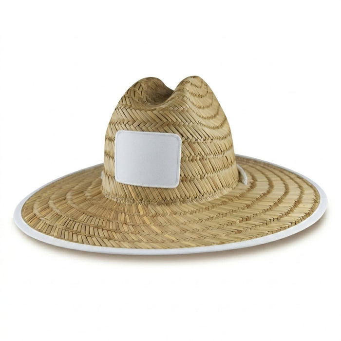 Beach Straw Hat - A straw beach hat with a wide brim, featuring a white logo area on the front. Natural straw colour with a white trim.