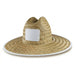 Beach Straw Hat - A straw beach hat with a wide brim, featuring a white logo area on the front. Natural straw colour with a white trim.