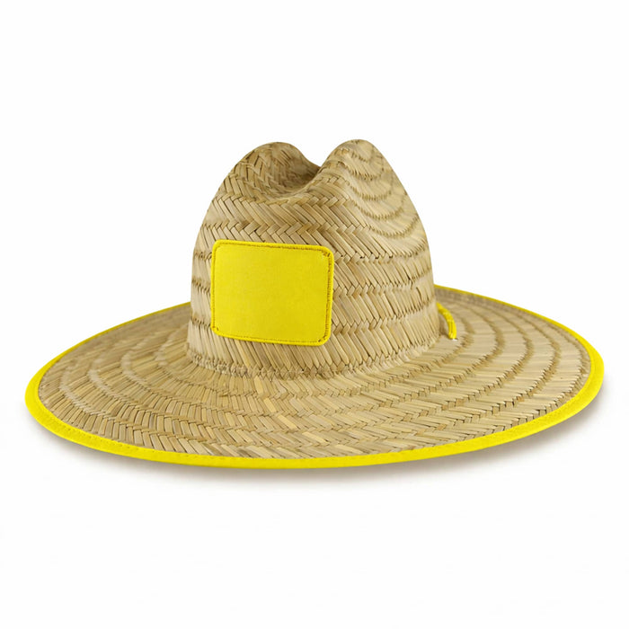 Beach Straw Hat - A straw beach hat in natural tones with a bright yellow trim and an empty logo area.