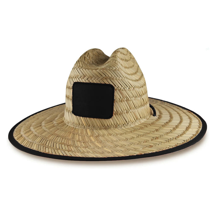 Beach Straw Hat - A straw hat with a wide brim and a black patch on the front. Features a natural straw colour and black trim.