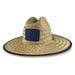 Beach Straw Hat - A straw beach hat featuring a wide brim and a navy trim. It has a square patch area for branding.