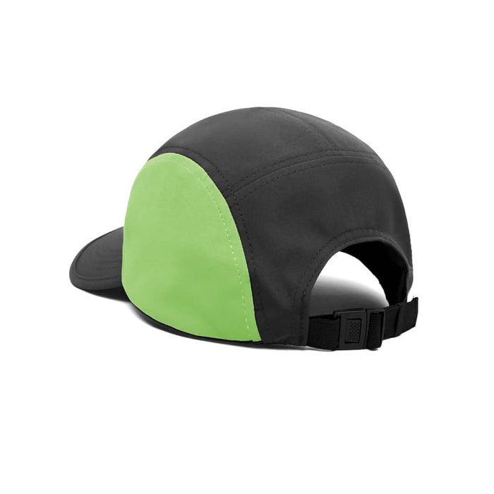 6-Panel Hard Peak Cap - A 6-panel cap featuring a black body with a vibrant green side and an adjustable strap at the back.