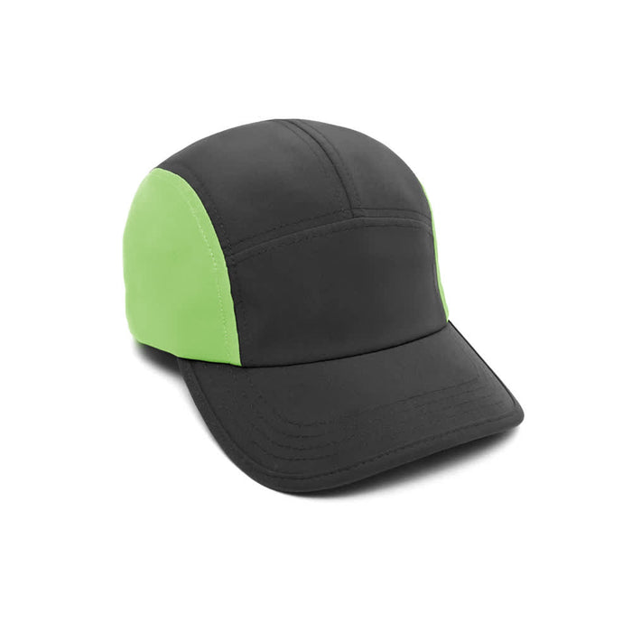 6-Panel Hard Peak Cap - A black and bright green 6-panel cap with a structured design and a logo on the front.