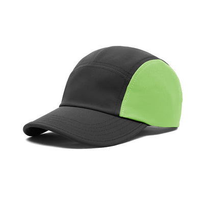 6-Panel Hard Peak Cap - A 6-panel cap featuring a black design with a bright green side portion. It has a logo on the front.