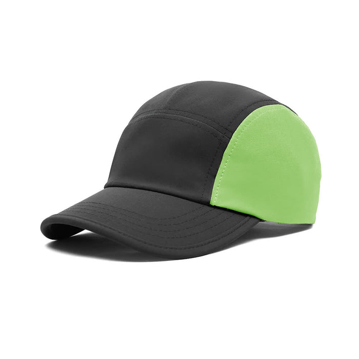 6-Panel Hard Peak Cap - A 6-panel cap featuring a black design with a bright green side portion. It has a logo on the front.
