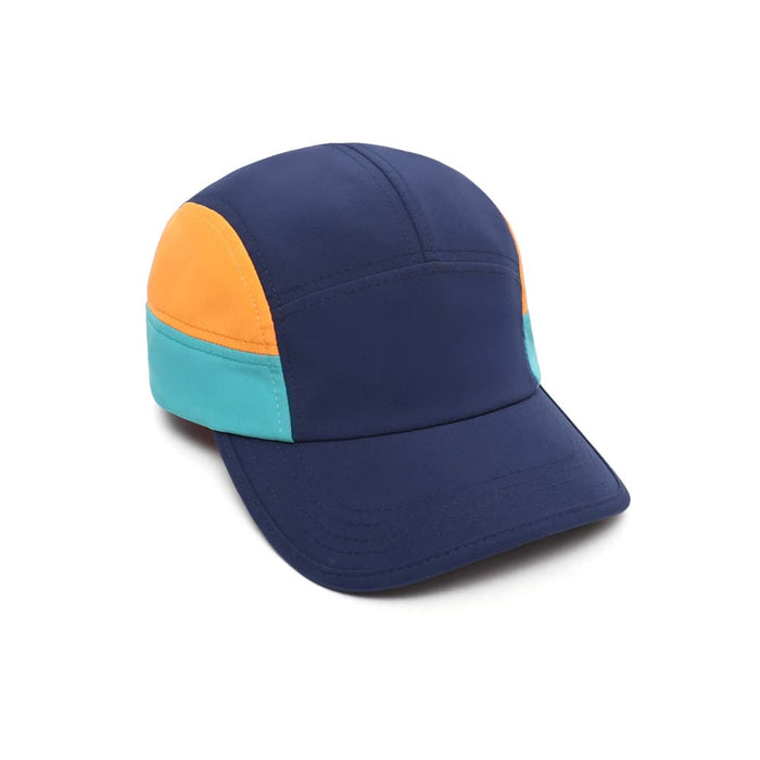 8-Panel Hard Peak Cap - An 8-panel cap featuring navy blue, orange, and turquoise sections, with a logo on the front.