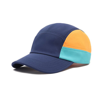 8-Panel Hard Peak Cap - A blue, orange, and teal 8-panel cap with a curved peak and a logo.