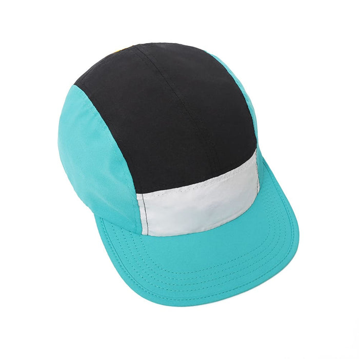 6-Panel Soft Peak Cap - A 6-panel cap featuring a black, turquoise, and white design, with a logo on the front.