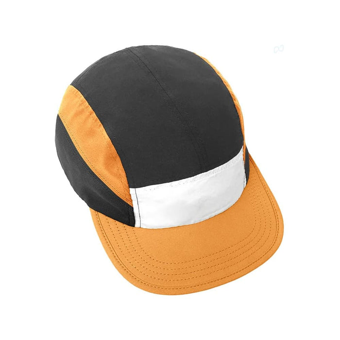 8-Panel Soft Peak Cap - An 8-panel cap featuring black, orange, and white panels with a branded logo.