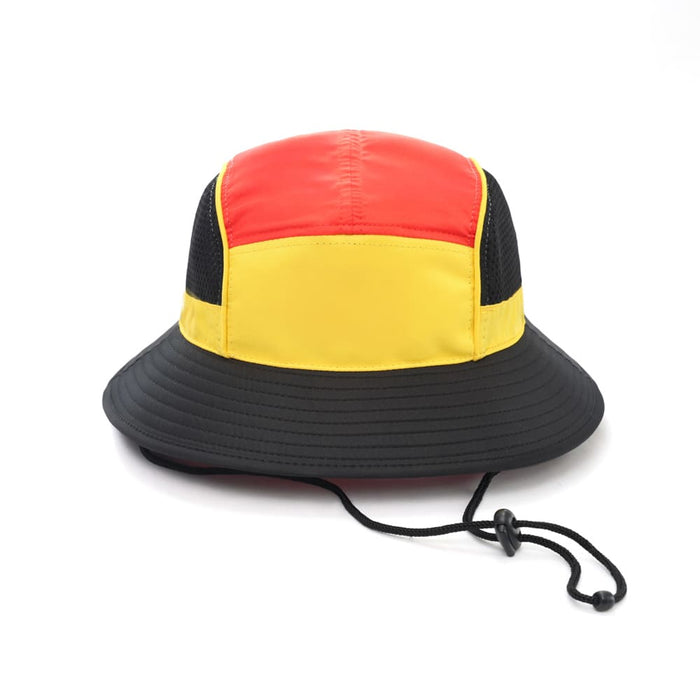 - Panelled Bucket Hat with Chin Rope - A panelled bucket hat in red, yellow, and black with a chin rope and a logo.