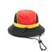 - Panelled Bucket Hat with Chin Rope - A panelled bucket hat featuring red, yellow, and black colours, with a chin rope for secure fit.