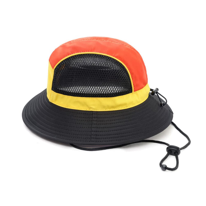 - Panelled Bucket Hat with Chin Rope - A panelled bucket hat in red, yellow, and black with a mesh top and chin rope. Features a logo.