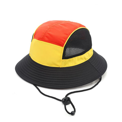 - Panelled Bucket Hat with Chin Rope - A panelled bucket hat in red, yellow, and black with a chin rope and mesh sections. It features a logo.