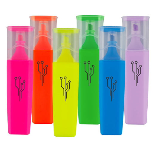Luxer Highlighter - A range of highlighters in vibrant pink, orange, green, yellow, blue, and purple with a logo on each.