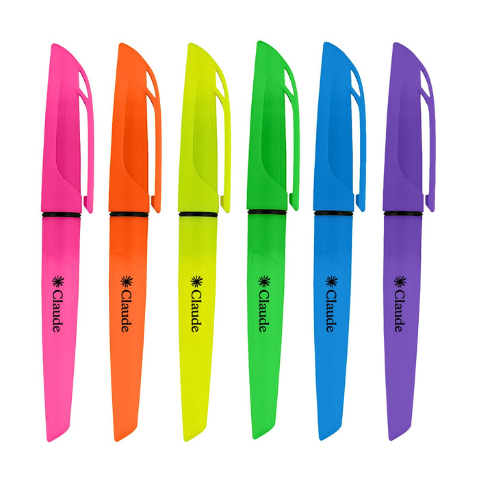 Gear Pen Highlighter - A set of highlighter pens in pink, orange, green, blue, and purple with a branding logo on each.