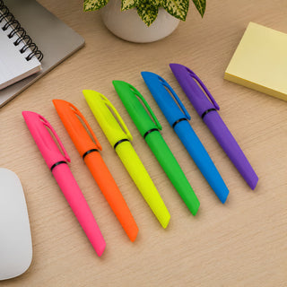 Gear Pen Highlighter - A set of six highlighter pens in bright pink, orange, yellow, green, blue, and purple, placed on a desk with stationery.