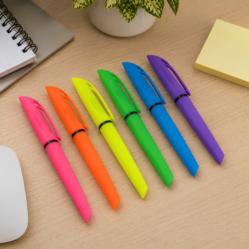 Gear Pen Highlighter - A set of six highlighter pens in bright pink, orange, yellow, green, blue, and purple, placed on a desk with stationery.