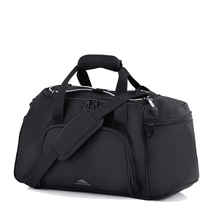 High Sierra Travel Duffel - A black travel duffel bag with multiple compartments, handles, and an adjustable shoulder strap. It features a logo.