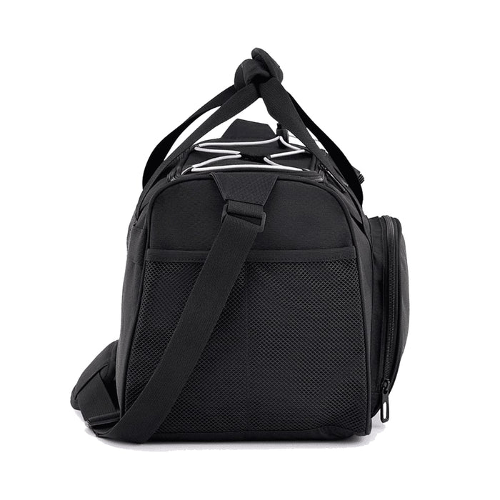 High Sierra Travel Duffel - A black duffel bag with a mesh pocket and adjustable strap. It features a sturdy handle and a sleek design.