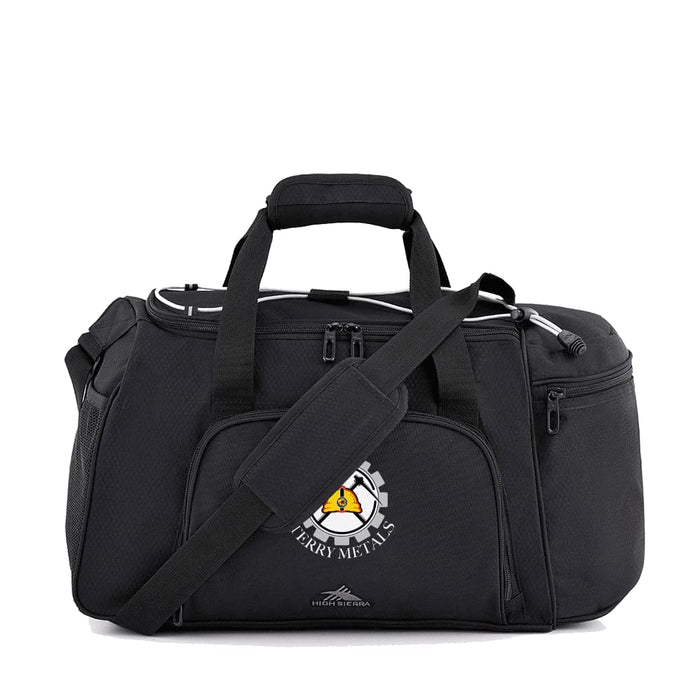 High Sierra Travel Duffel - A black duffel bag with multiple zippered compartments and a removable shoulder strap. It features a logo on the front.