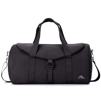 High Sierra Camille Duffel 31L - A black duffel bag with a flap, adjustable shoulder strap, and dual handles. It features a logo on the side.