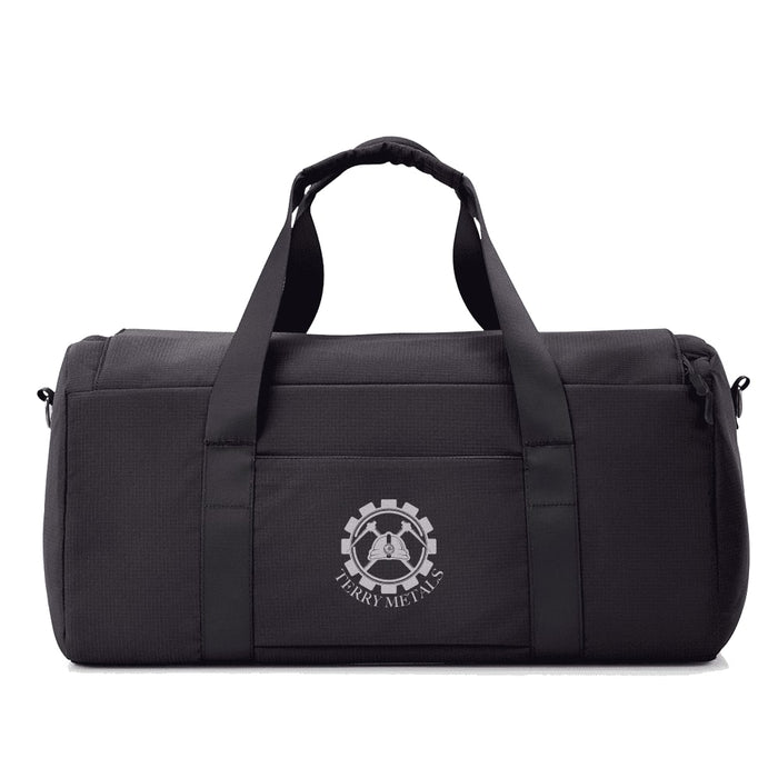 High Sierra Camille Duffel 31L - A black duffel bag with straps and a logo on the front, featuring a zippered compartment.