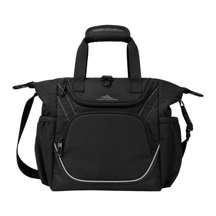 High Sierra Crib Bag - A black bag with multiple compartments, featuring handles and a detachable shoulder strap, and a logo on the front.