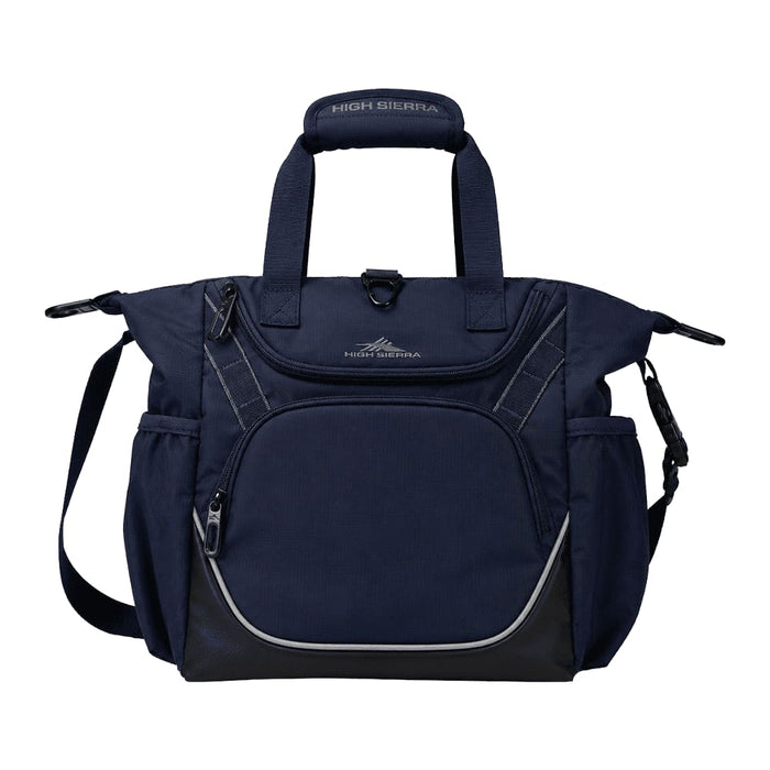 High Sierra Crib Bag - A navy blue bag featuring multiple pockets, sturdy handles, and a shoulder strap, with a logo on the front.