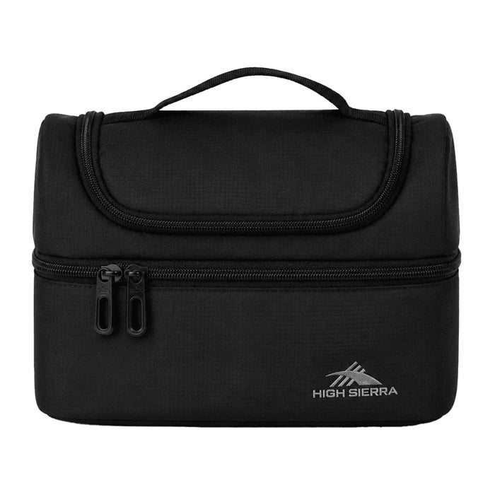 High Sierra Lunch Bag - A black lunch bag with a zippered compartment and a handle on top, featuring a logo on the front.