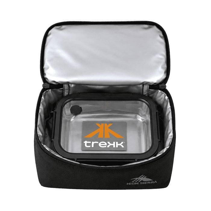 High Sierra Lunch Bag - A black insulated lunch bag with a silver interior, featuring a transparent container inside and a logo.