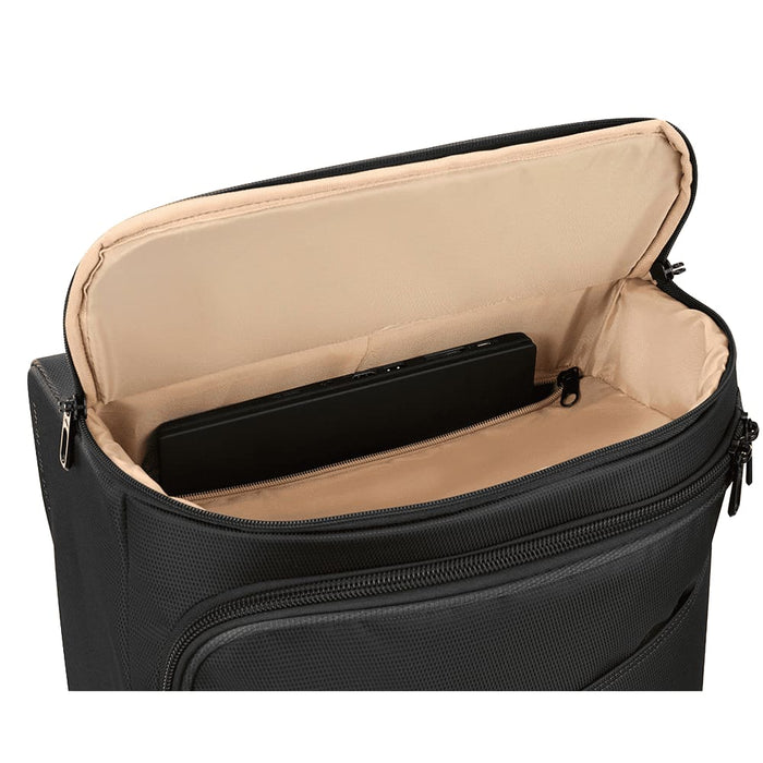 High Sierra Cross Season Pro Wheeled Duffle (55cm) - A black wheeled duffle bag with a beige interior, featuring a small compartment for a device or tablet.