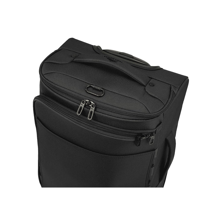 High Sierra Cross Season Pro Wheeled Duffle (55cm) - A black wheeled duffle bag with multiple zippered compartments and a top handle for carrying.