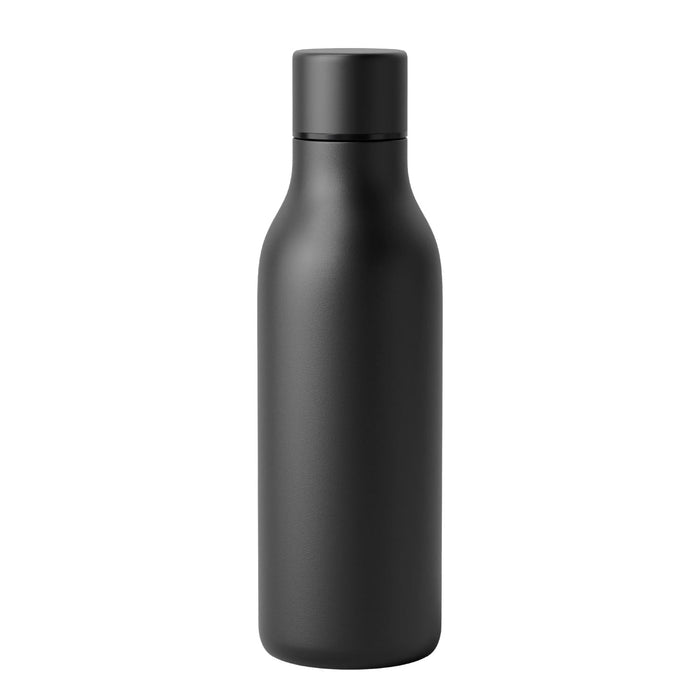 Emily Bottle – 550ml Thermal Drink Bottle - A drink bottle in matte black, featuring a sleek design and a cap. It has a logo on the surface.